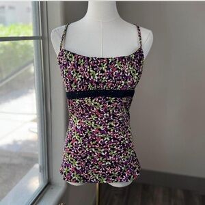 Trixxi Y2K Floral Tank Top With Black Lace Scrunched Size Large 2000s